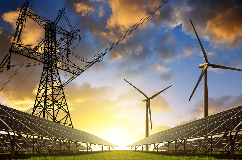 Solar panels, wind turbines and electrical pylons