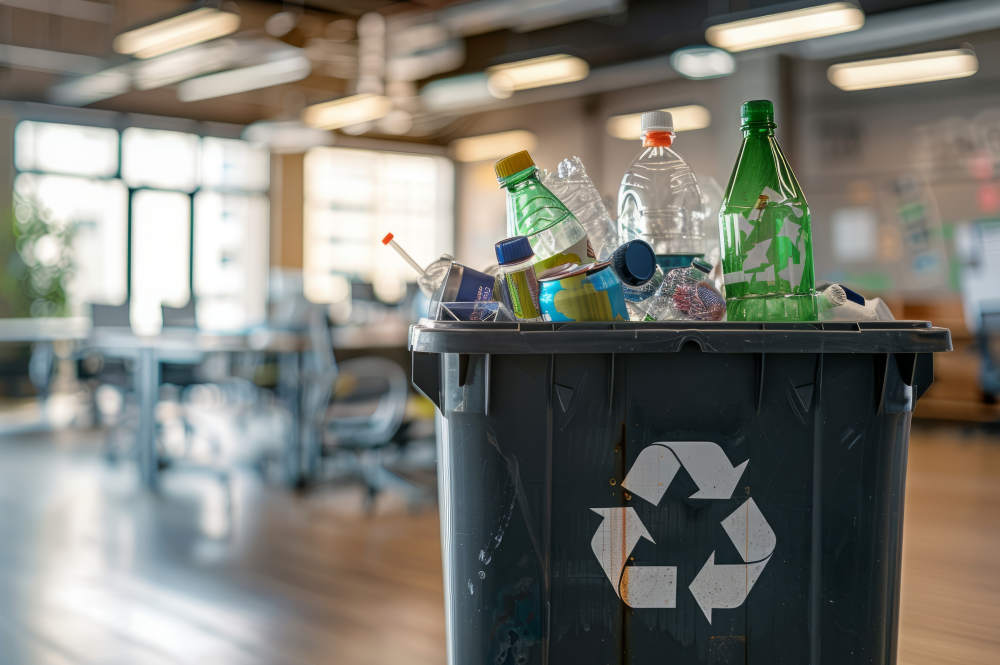 Plastic Free July with recycling bin full of plastic