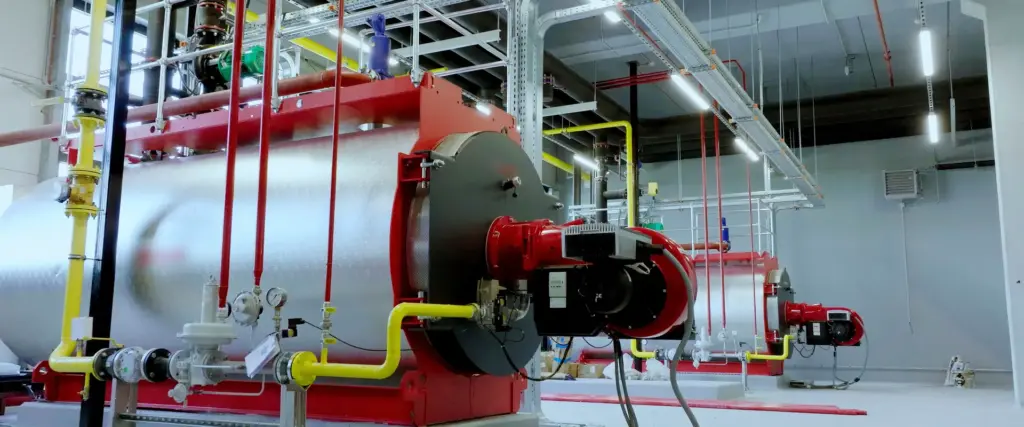 Industrial boiler plant room with gas combustion equipment meeting Medium Combustion Plant Directive requirements