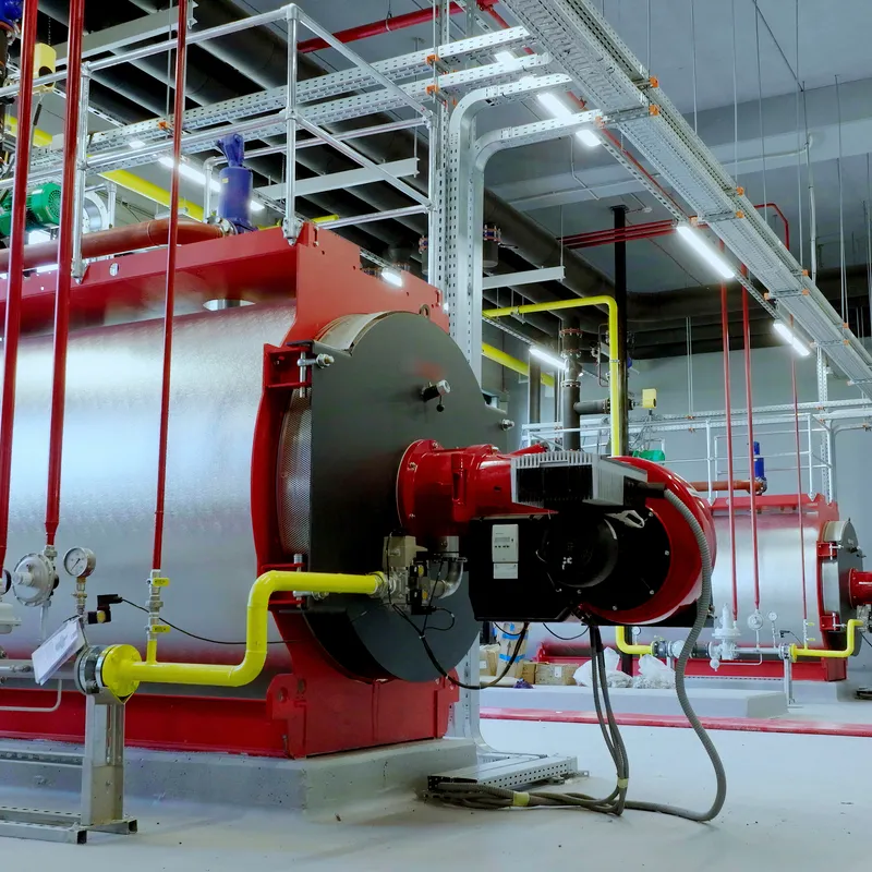 Industrial boiler plant room with gas combustion equipment meeting Medium Combustion Plant Directive requirements