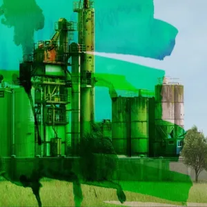 An industrial facility overlaid with green paint and nature imagery, illustrating the concept of greenwashing