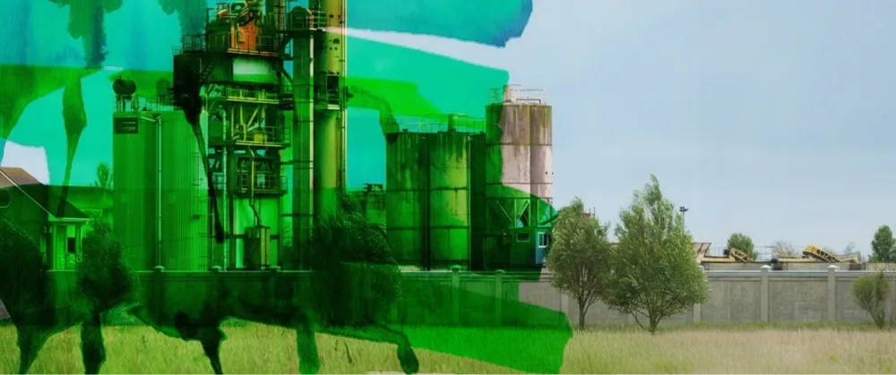 An industrial facility overlaid with green paint and nature imagery, illustrating the concept of greenwashing